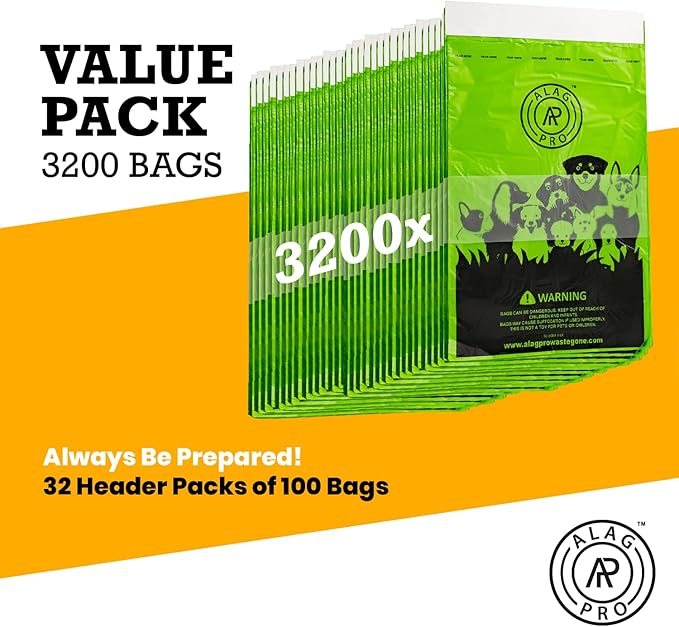 ALAGPRO® 3200 Pull-Strap Dog Waste Station Refill Header Bags - Fit Any Pet Waste Header Stations - 45% Thicker than Competitor Bags - 32 Headers of 100 Bags for Backyard, Parks & HOA's