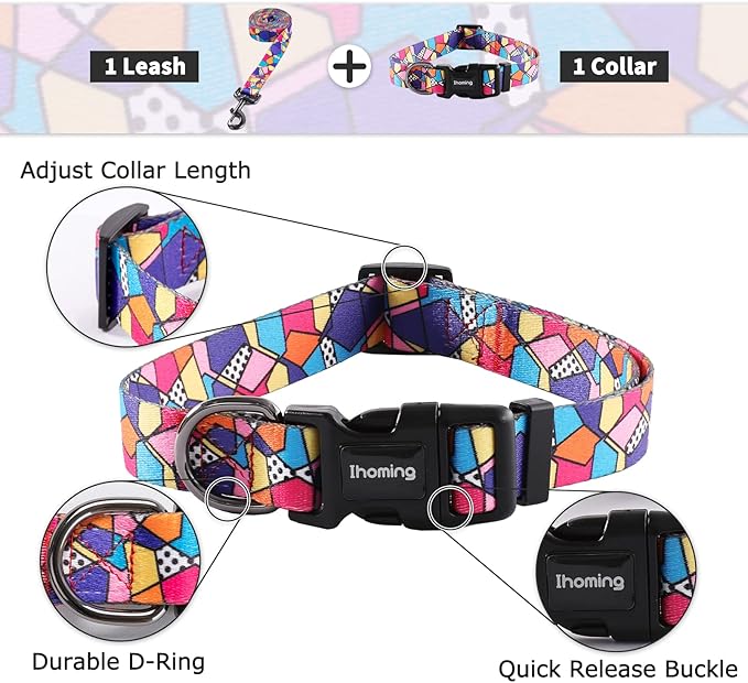 Ihoming Puppy Collar and Leash Set for Daily Outdoor Walking Running Training, Geometric Design for Extra Small Boys Girls Dogs Cats Pets, XS-Up to 10LBS