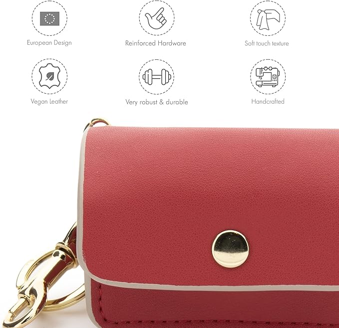 NINA WOOF Leather Poop Bag Holder- Versatile Vegan Leather Waste Bag Holder for Dog Poop, Accessories, & Leash, Reusable Pet Waste, Trash, Pet Diaper & Poop Bags Small Pouch Holder (Red)