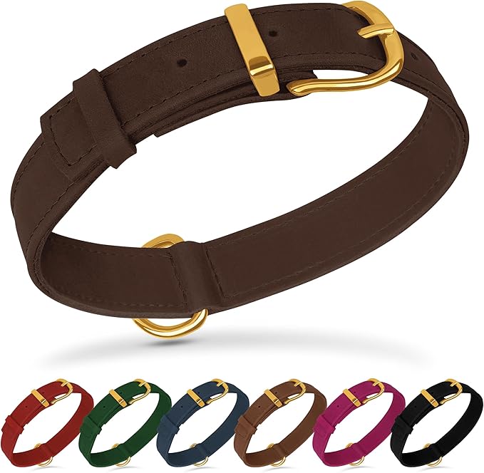 Leather Dog Collar - Heavy Duty Adjustable Soft Padded Pet Collars for Small Medium Large Dogs Breed - Black Green Brown Pink Red Blue (Brown, S, 9"-12" Neck Fit)