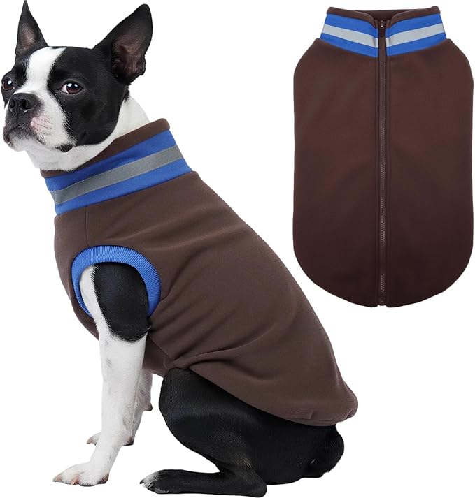 Winter Classic Warmth Turtleneck Vest Fleece Dog Sweater, Lightweight & Soft Coat for Large Dogs with Back-Zipper, Thermal Doggie Vests Clothes with Reflective Strips, Pitbull Male Female(Brown, 2XL)