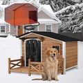 Heated Dog House for Outdoor Use with Matel Frame, Waterproof Design & Heating Blanket - All-Weather Wooden Kennel with Sliding Window & Metal Frame (Brown-H, L)