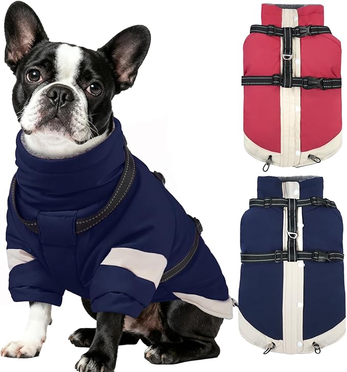 MIGOHI Dog Coat with Harness Built in, 2-in-1 Windproof Dog Winter Jacket, Thermal Reflective Snowsuit with Turtleneck, Back Zipper Fleece Coat for Small Dogs, Yorkshire Terrier, Navy Blue, S