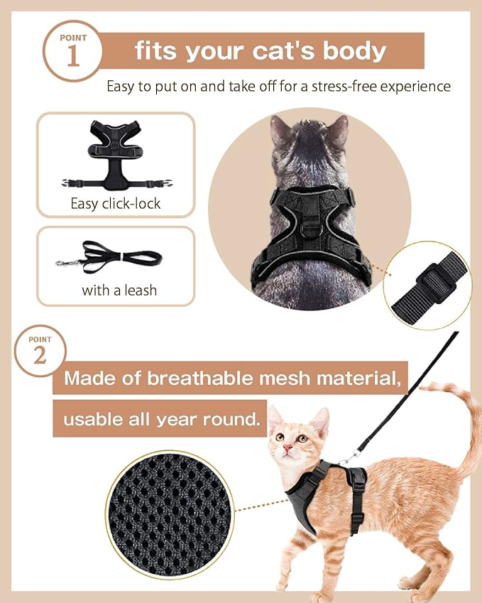 Cat Harness Escape Proof with Leash for Walking, Travel Vest Soft Chest Support, Adjustable Size, Escape Proof Soft Adjustable Vest Harnesses, Breathable, Kittens, Small Dogs (美/背縄/黒1/S)
