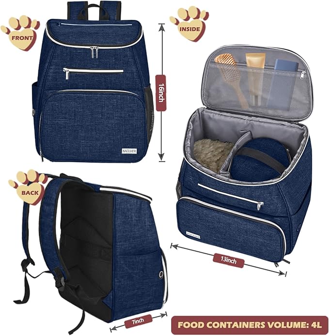 BAGLHER 丨Dog Travel Bag Backpack, Airline Approved Pet Supplies Backpack, Dog Travel Backpack With 2 Silicone Collapsible Bowls and 2 Food Baskets Dark Blue