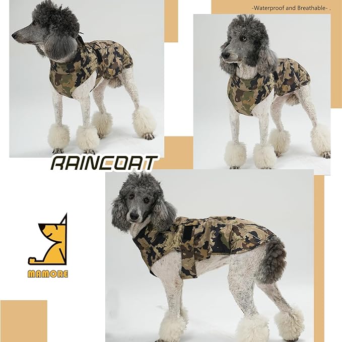 Waterproof Dog Raincoat with Reflective Strip, Adjustable Breathable Rain Coat Jacket with Leash Hole for Dogs (Camo, Large)