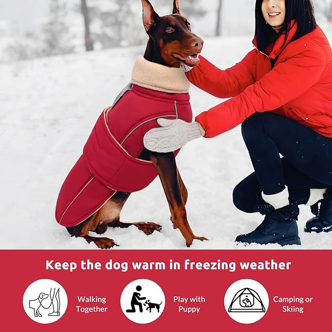 ASENKU Warm Dog Coat, Waterproof Dog Jackets for Large Dogs with Reflective Fleece Vest Turtleneck with Button,Windproof Cold Weather Coats for Small Medium Large Dogs, Dark Red, 4XL