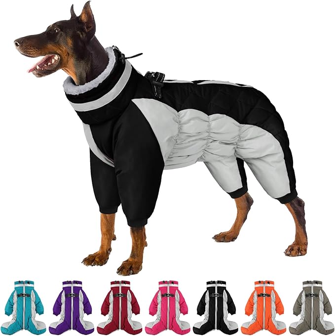SUNFURA Full Body Dog Coat - Warm Fleece Jacket for Large Dogs, Turtleneck Winter Coats with Harness, Reflective Dog Snowsuit Windproof Puffer Jackets with Legs for French Bulldog, Black L