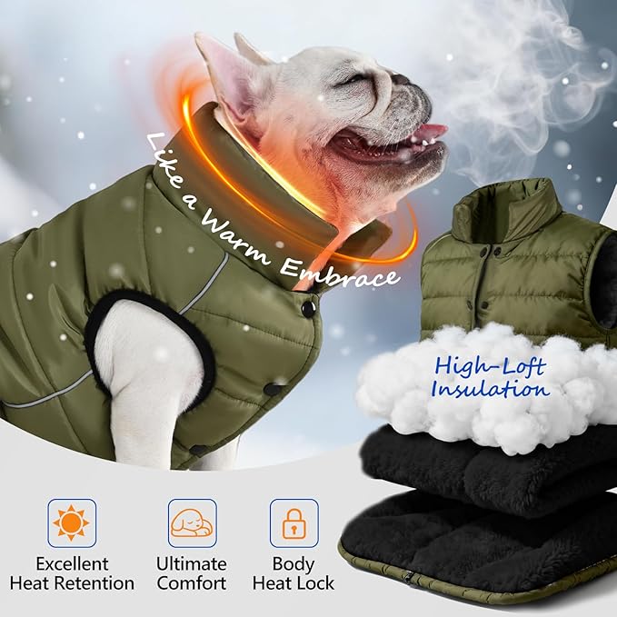 Dog Winter Jacket Waterproof, Reflective Fleece Lined Dog Coats for Small Medium Large Dogs, Warm Snow Coat for Dogs, Insulated Cold Weather Dogs Puffer Jackets with Leash Hole, Olive, XL