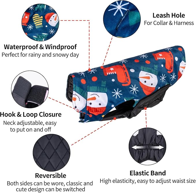 CuteBone Winter Coat, Reversible Dog Jacket & Vest, Thick Soft Dog Coats for Small to Large Dogs, Windproof and Waterproof, with Leash Hole