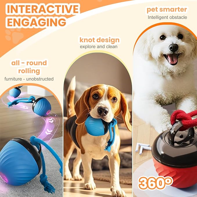 Interactive Dog Toys Ball, 2026 New Smart Pet Puppy Ball with Ropes, Random Path Electric Automatic Moving and Rolling Dogs Toy, for Small Medium Large Dogs Daily Training (Red)