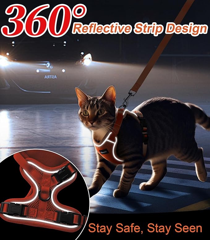 Cat Harness and Leash for Walking Escape Proof Soft Adjustable Cat Leash Breathable Comfortable Vest Easy to Wear Kitten Harness for Outdoor Travel Orange XS