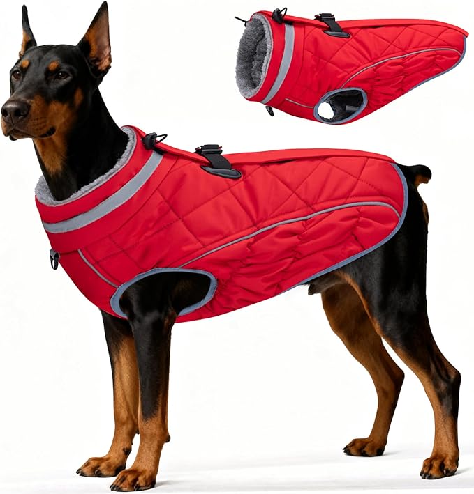Dog Coat, Warm Dog Winter Coat for Large Dogs, Waterproof Jacket with Harness Built in, Reflective Turtleneck Cold Weather Coats with Zipper,Pet Fleece Vest Snow Jacket, Red XXXL