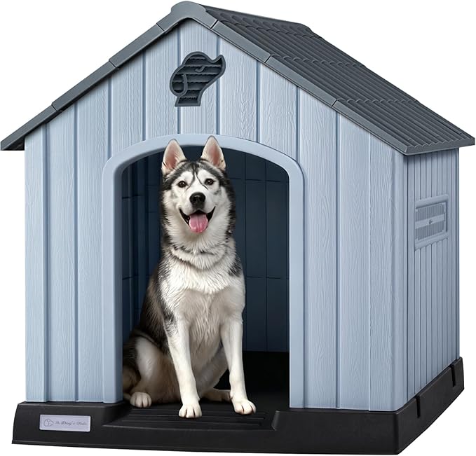 PUKAMI Large Dog House Outdoor Indoor, Plastic Dog House Weatherproof for Large Dogs, Study Puppy Shelter with Air Vents and Elevated Floor, Easy Clean and Assemble (Grey, 36.81"D x 38.7"W x 39.1"H)