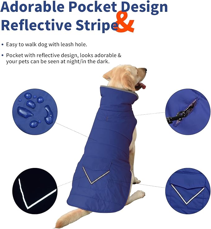 Dog Coat, Waterproof Dog Winter Jacket with Pocket, Reflective Adjustable Pet Snow Vest, Warm Cozy Fleece Sweater for Small Medium Extra Large Dogs - Blue, S