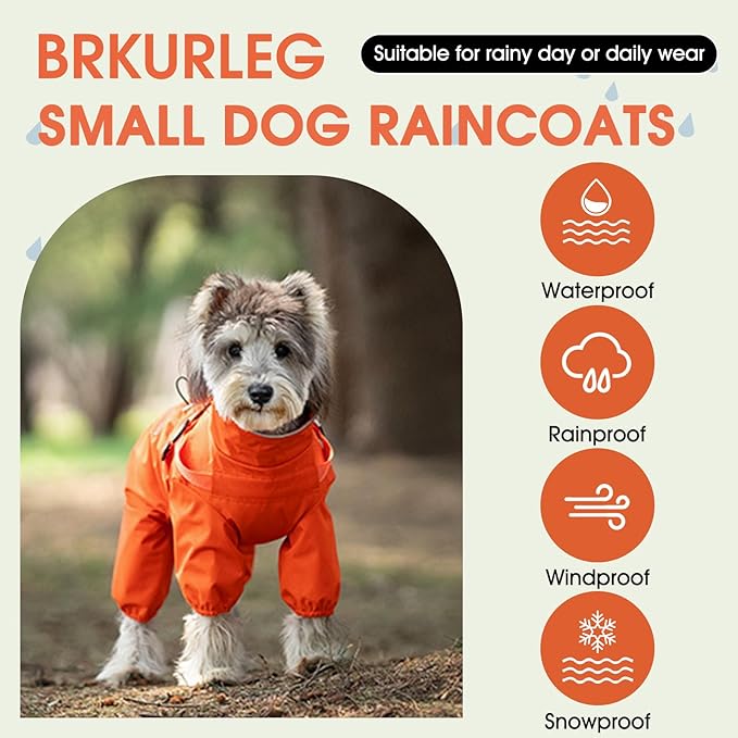 BRKURLEG Dog Raincoat for Small Dogs, Small Dog Rain Jacket with Harness Built in, Waterproof 4 Legs Pet Raincoats, Puppy Outdoor Jacket with Reflective Strip, Orange, XXL