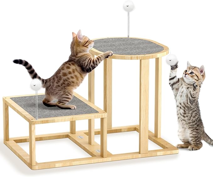 Pawaboo Cat Beds and Stairs, 2-Step Kitten Scratcher Hammock Bed with Cat Teasers & Hanging Ball, Wooden Kitties Hammock Staircase for High Beds Couch,Stair Shaped Cats Bed for Indoor Climbing Playing