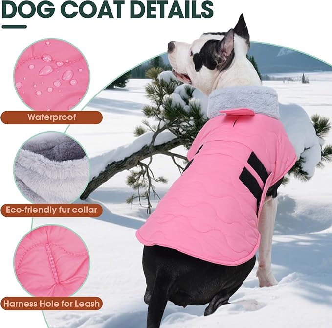 Kuoser Dog Jacket, Dog Coats for Large Dogs Winter Waterproof, Doggie Vest with Leash Hole, Canine Cold Weather Coats Doggie Snow Jacket for Labrador Beagle, Pink XL