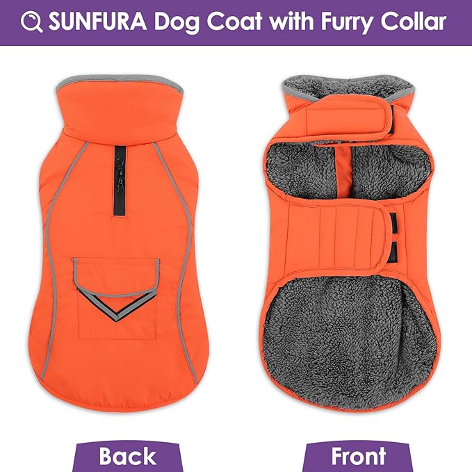 SUNFURA Dog Coat, XXXL Dog Winter Jacket, Reflective Fleece Snow Coat with Furry Collar, Waterproof Pet Puffer Jacket for Great Dane Extra Large Dogs, Orange 3XL