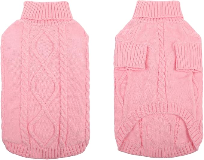 Queenmore Small Dog Pullover Sweater, Cold Weather Cable Knitwear, Classic Turtleneck Thick Warm Clothes for Chihuahua, Bulldog, Dachshund, Pug, Yorkie (Pink, X-Large)