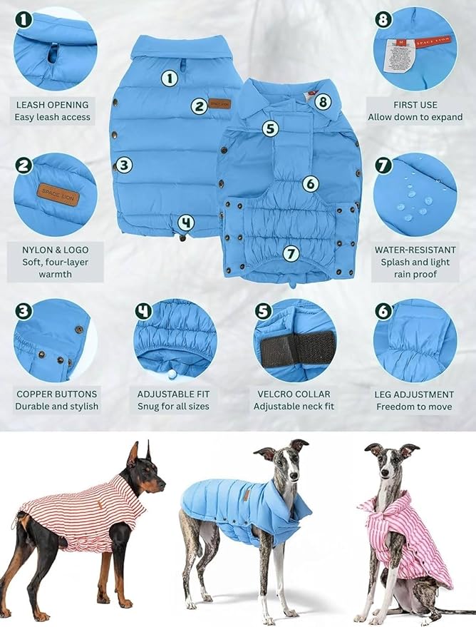 SPACE LION Dog Puffer Jacket, Down Winter Coat, Durable Outdoor Coat for Cold and Windy Conditions, Waterproof, Lightweight Jacket, Adjustable Fit for Small, Medium, Large Dogs(Alaskan Blue,24/2XL)
