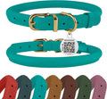 BronzeDog Rolled Leather Dog Collar with QR ID Tag, Adjustable Soft Round Collars for Small Medium Large Dogs Puppy (16" - 19" Neck Size, Turquoise)