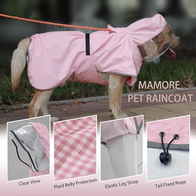 Waterproof Dog Raincoat, Reflective Adjustable Hooded Dog Rain Coat, Lightweight Breathable Pet Rain Jacket Poncho Double Layer with Leash Hole for Small Medium Large Dogs (Pink, Large)