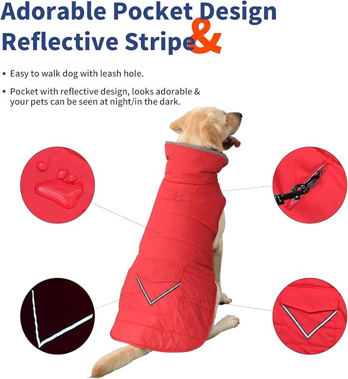 Dog Coat, Waterproof Dog Winter Jacket with Pocket, Reflective Adjustable Pet Snow Vest, Warm Cozy Fleece Sweater for Small Medium Extra Large Dogs - Red, XL