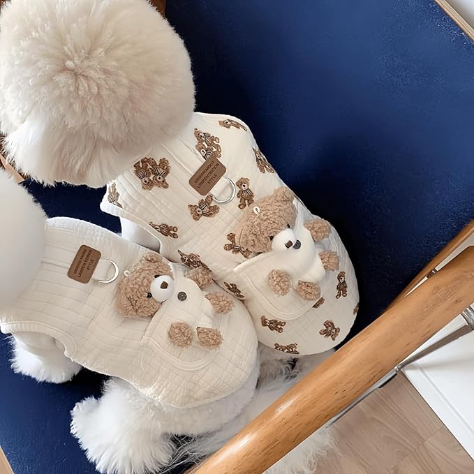 Cute Pet Apparel Plush Bear Pattern Cartoon Dog Clothes All Season Sleeveless Puppy Kitten Pullover Soft Skin-Friendly (White1, L (7.7-11lbs))