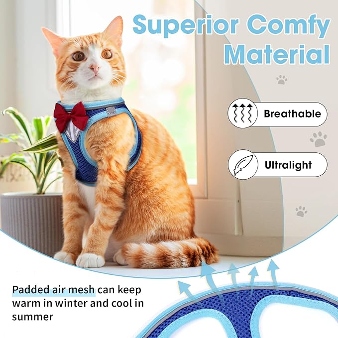 Cat Vest Harness and Leash Set for Walking Escape Proof, Adjustable Kitten Harness Breathable Mesh with Reflective Strips Harness for Kitty Puppy Bunny (Blue, S)