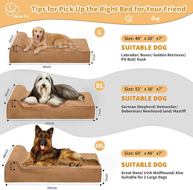 Orthopedic Dog Beds for Large Dogs, 7" Memory Foam Dog Beds with Waterproof Liner, Chew Proof Microsuede Cover, Removable and Washable, Nonskid Bottom, 52"x36"x7" XL Khaki