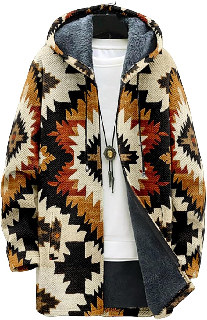 Mens Aztec Print Hoodie Heavyweight Cotton Fleece Jacket Zip Up Warm Long Sleeve Hooded Winter Midi Coat