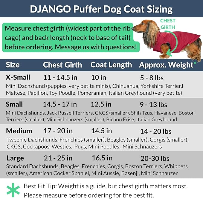 DJANGO Reversible Puffer Dog Coat – Warm Winter Dog Jacket & Water-Repellent Insulated Dog Coat with Harness Hole, Windproof, Adjustable Fit for Small & Medium Dogs, Dachshunds – Lava Red, Large