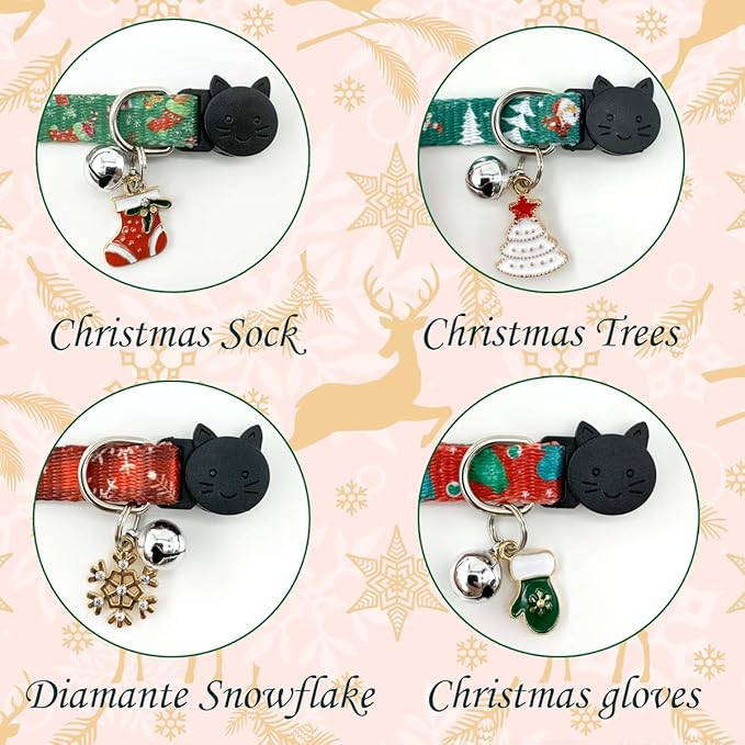 Christmas Cat Collar Set - Xmas Cat Adjustable Breakaway Collars with Bells & Charms 4Pcs Per Set