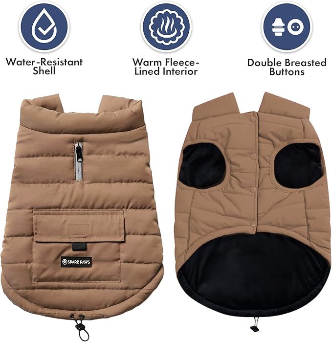 Spark Paws Dog Winter Jacket, Water-Resistant Coat, Warm Reflective Windproof Fleece-Interior, for Medium and Large Dogs - Tan - 3XL