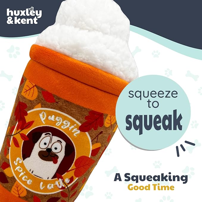 Huxley & Kent Funny Dog Toy w/Squeaker – Fall Power Plush Squeaky Dog Toys for Small, Medium & Large Dogs – Soft Stuffed Animal for Indoor Play & Fetch - Puggin Spice Latte, Small