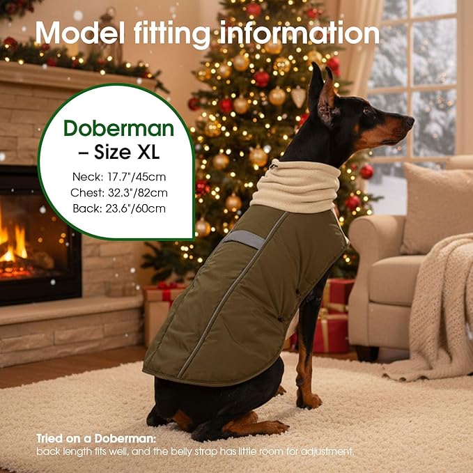 ASENKU Dog Coat, Dog Winter Jackets with Fleece Turtleneck, Windproof, Reflective Pet Snow Jacket for Cold Weather, Coats for Medium Dogs, Army Green, L