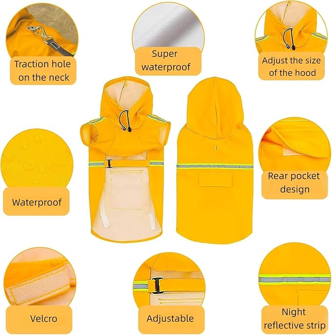 Reflective Strip Dog Raincoat, Ultra - Light Breathable Waterproof Rain Jacket with Hood, Adjustable Sizes for Small/Medium/Large Dogs, (3XL)