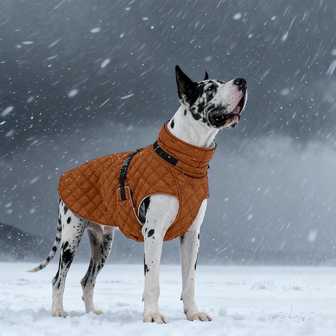 Kuoser Dog Coat Warm Fleece Lining Turtleneck Dog Jacket with Harness Built-in, Adjustable Windproof Cold Weather Coats with Quick Release Buckle Pet Winter Snowsuit for Small Dogs, Khaki S
