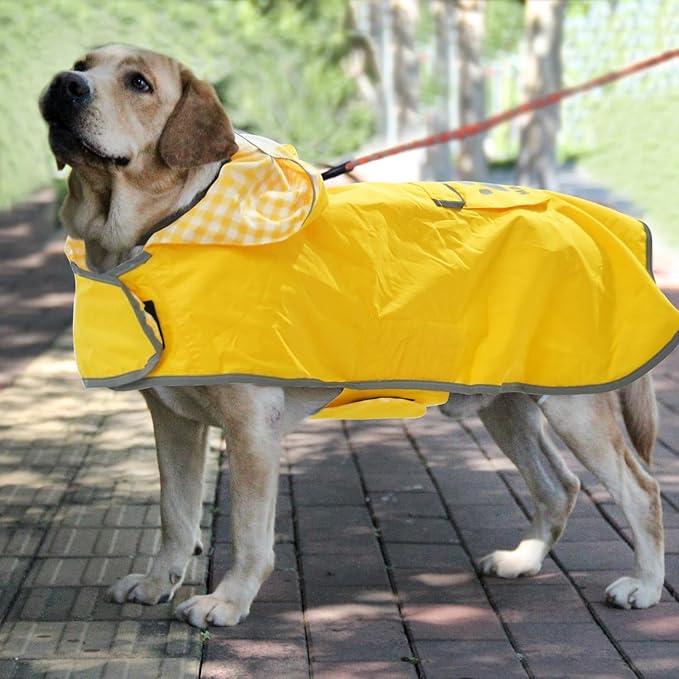 MAMORE Dog Raincoat Reversible,Waterproof Dog Rain Coat Hooded Slicker Poncho with Reflective Strip, Plaid Double Layer Rain Jacket for Small Medium Large Dogs (Yellow, X-Small)