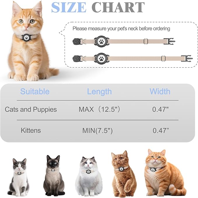 Airtag Cat Collar, Stretchy Kitten Collar with Apple Air Tag Holder, Lightweight and Comfortable, Ultra Elastic GPS Cat Collars for Cats Kittens and Puppies, 8-12.5 inch, Khaki