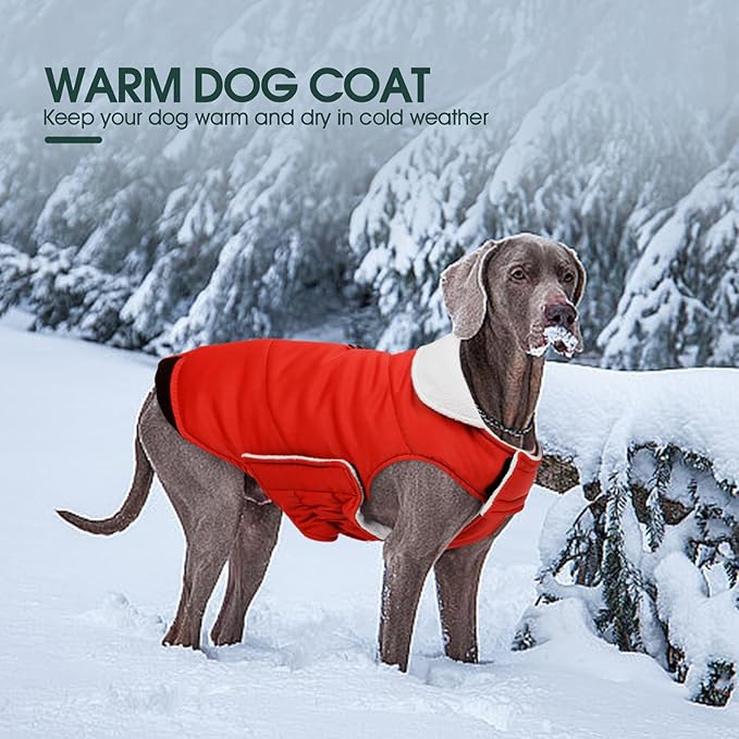 Kuoser Dog Coat Large, Cold Weather Reflective Waterproof Dogs Jacket with Warm Fleece Lining, Turtleneck Dog Winter Coat with Zipper, Doggy Snow Jacket Pet Coats for Small Medium Large Dogs, Red XL