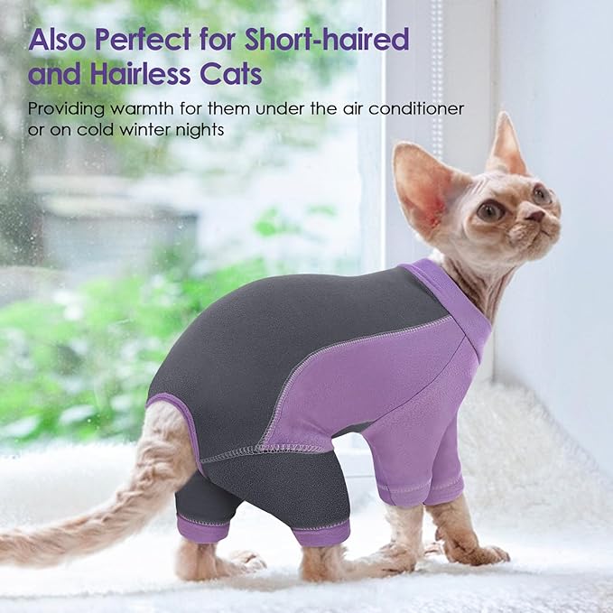 SUNFURA Hair Sticky Cat Clothes, Cat Sweater for Cats Only, 4-Legged Fleece Sweaters Kitten Pajamas Reduce Shedding Fur, Warm Pullover Shirts for Cats, Purple XL