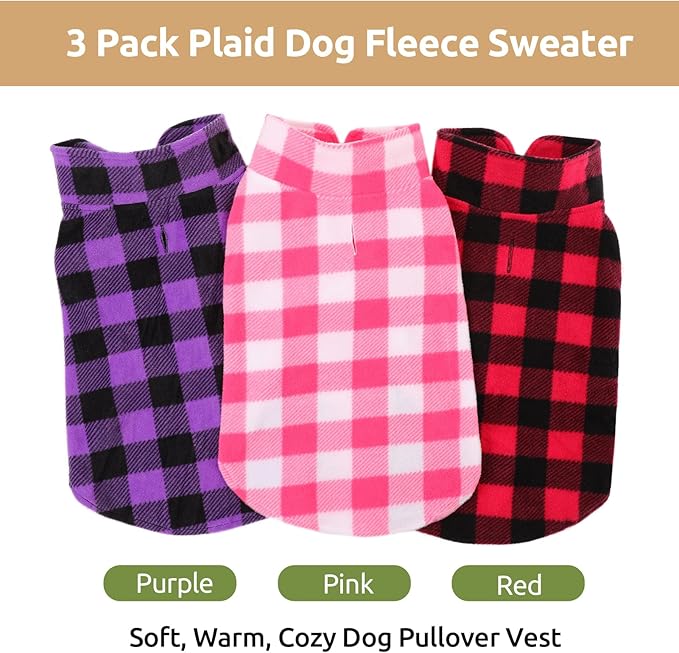 Kama Bridal 3 Pack Dog Coat - Spring, Autumn, Winter - Fleece Vest for Cats & Small/Medium Dogs - Red, Pink, Purple Plaid (L)