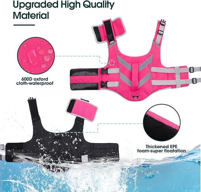 Kuoser XXL Dog Life Jacket for Large Breeds, High Flotation Swimming Vest with Reflective Strips for Boating, Pink