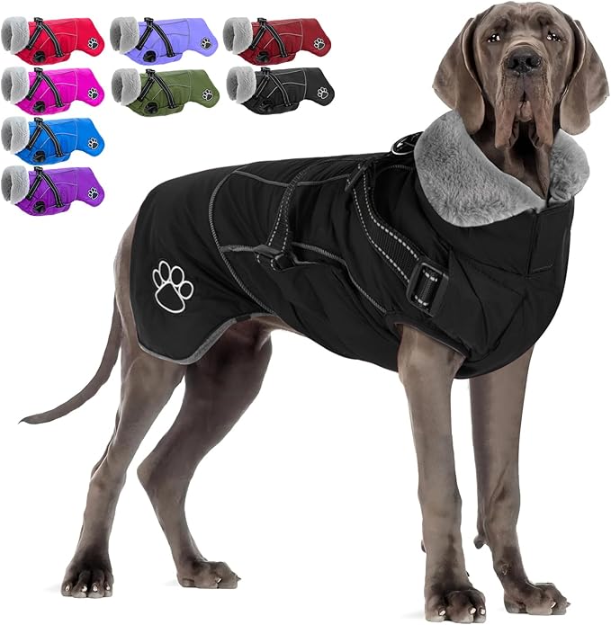 Doglay Dog Jacket Waterproof Dog Coat with Harness Built in, Christmas Puppy Winter Coat Reflective Turtleneck Puffer Snow Jackets for Small Medium Large Dogs