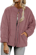 LIZALIG Warm Padded Coat for Women Full Zip Quilted Jackets Winter Oversized Causal Solid Color Stand Collar Pockets Coat