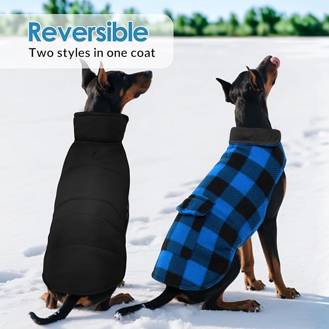 ASENKU Dog Winter Coat, Fleece Doggie Jacket Plaid Reversible Vest Waterproof Windproof Cold Weather Clothes for Small Medium Large Dogs (S, Blue)