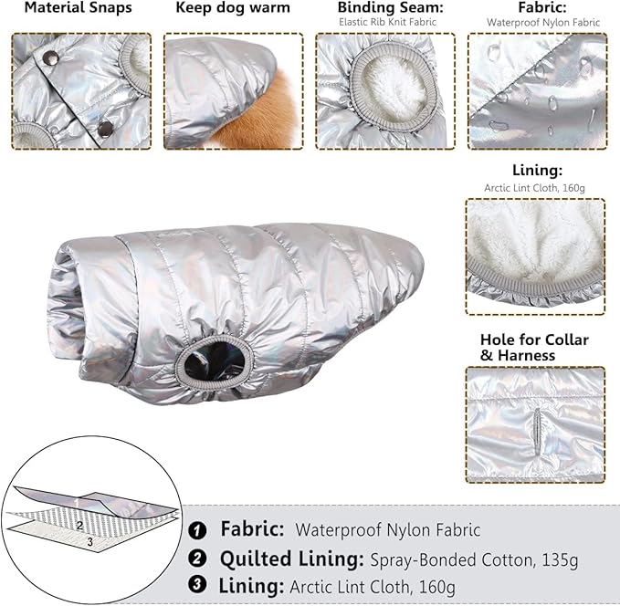 ASENKU Dog Winter Coat - Waterproof Windproof Dog Jacket, Warm Snowproof Doggie Puffer Vest for Cold Weather, Lightweight Snow Coats for Small Medium Large Dogs (Silver, XL)