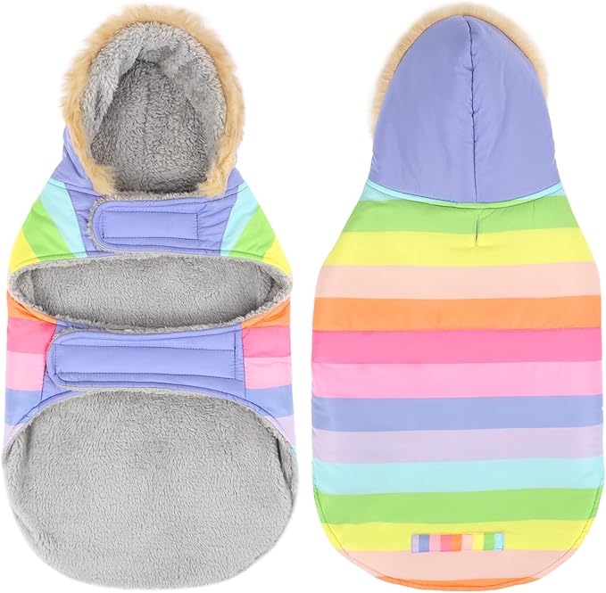 HDE Dog Puffer Jacket Fleece Lined Warm Dog Parka Winter Coat with Harness Hole Pastel Rainbow - XXL